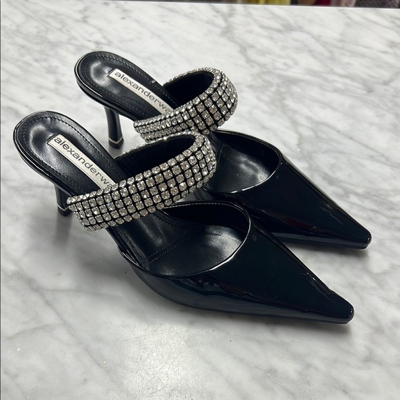 Alexander Wang Black Patent Leather Rhinestone Embellished Strap Kitten Heel 7.5 - Picture 1 of 12